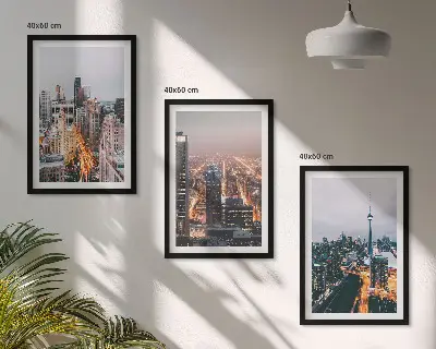 Set of 3 framed wall art pieces Cities at night skyscrapers lights