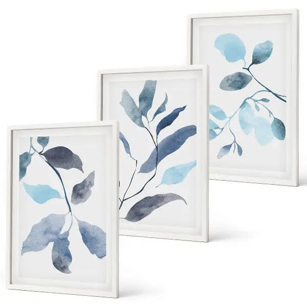 Blue leaves watercolor wall art three-piece set