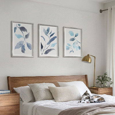 Three-piece wall art piece Blue leaves watercolor
