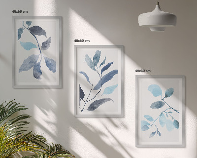 Three-piece wall art piece Blue leaves watercolor