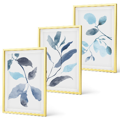 Three-piece wall art piece Blue leaves watercolor