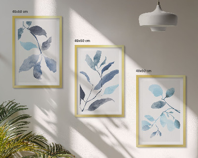Three-piece wall art piece Blue leaves watercolor
