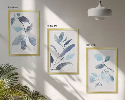 Blue leaves watercolor wall art three-piece set