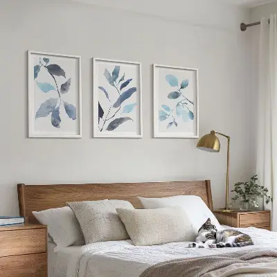 Three-piece wall art piece Blue leaves watercolor