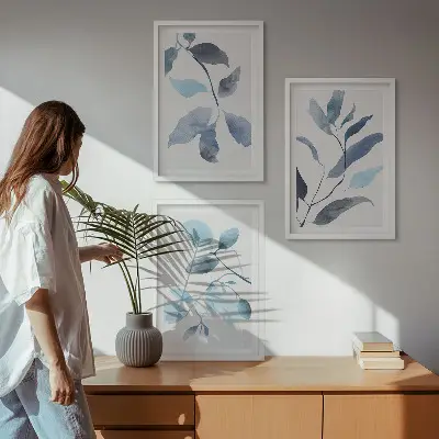 Blue leaves watercolor wall art three-piece set