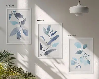 Blue leaves watercolor wall art three-piece set