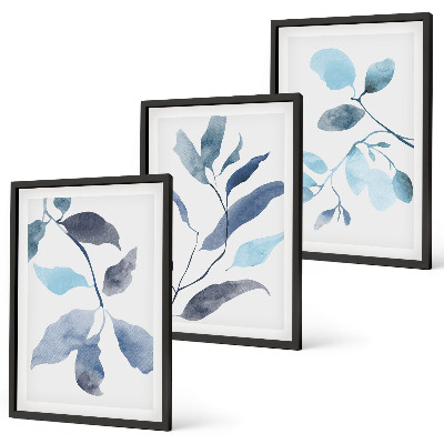 Three-piece wall art piece Blue leaves watercolor