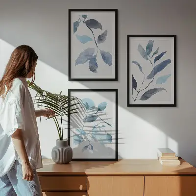 Blue leaves watercolor wall art three-piece set