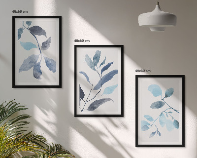 Three-piece wall art piece Blue leaves watercolor