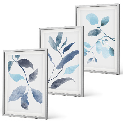 Three-piece wall art piece Blue leaves watercolor