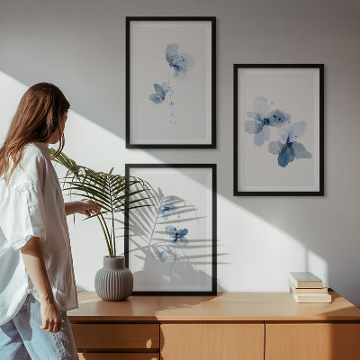 Set of 3 framed wall art pieces Blue flowers