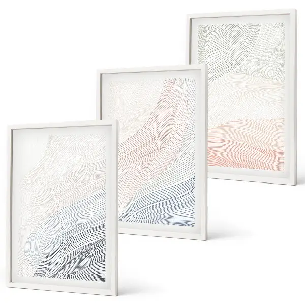 Set of 3 framed wall art pieces abstract waves on cardboard in pastel tones