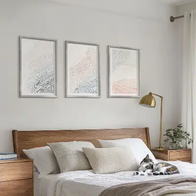 Set of 3 framed wall art pieces abstract waves on cardboard in pastel tones