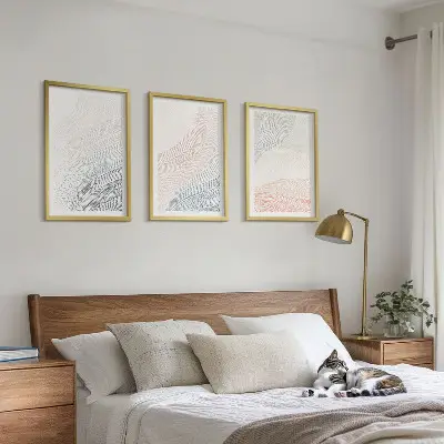Set of 3 framed wall art pieces abstract waves on cardboard in pastel tones