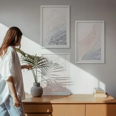 Set of 3 framed wall art pieces abstract waves on cardboard in pastel tones