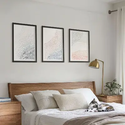 Set of 3 framed wall art pieces abstract waves on cardboard in pastel tones