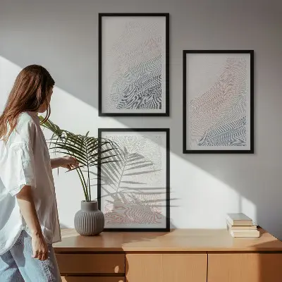 Set of 3 framed wall art pieces abstract waves on cardboard in pastel tones