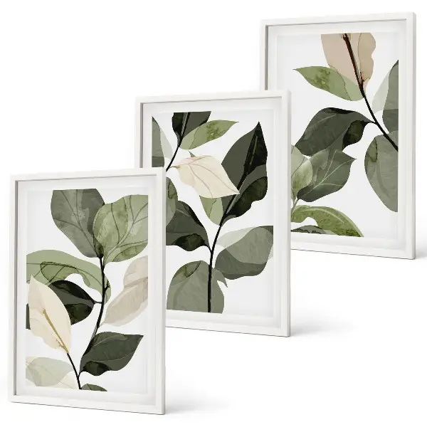 Three-piece boho painted plant leaves wall art