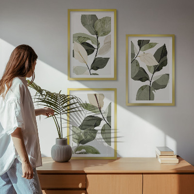 Three-piece wall art piece Painted boho plant leaves