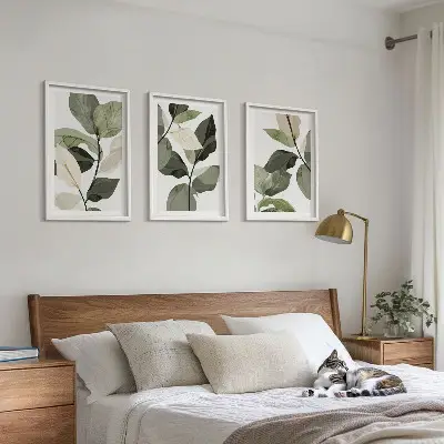 Three-piece boho painted plant leaves wall art 