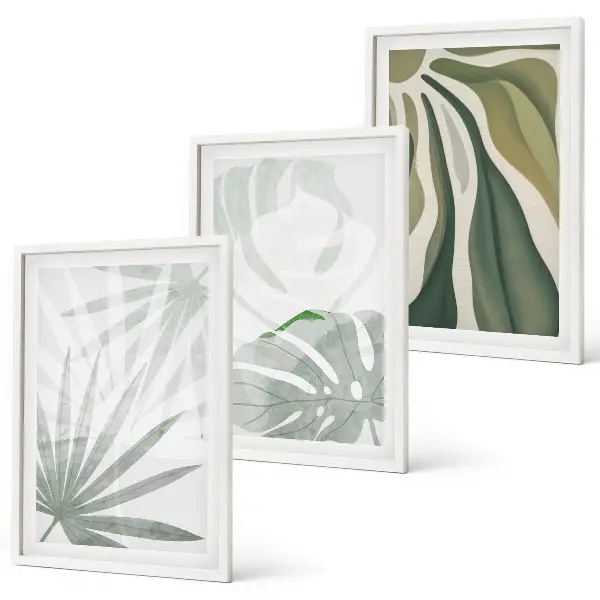 Wall art set featuring green and gray plant leaves