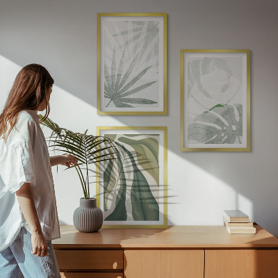 Wall art set Leaves of plants in green and gray