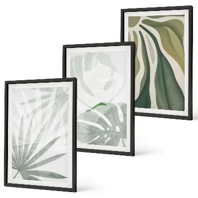 Wall art set featuring green and gray plant leaves