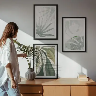 Wall art set featuring green and gray plant leaves