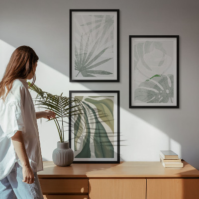 Wall art set Leaves of plants in green and gray