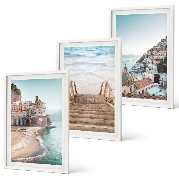 Set of 3 framed wall art pieces Summer pastel beach views