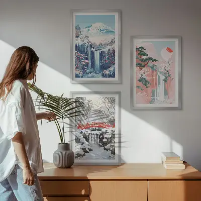 Mountain landscape wall art set featuring waterfalls