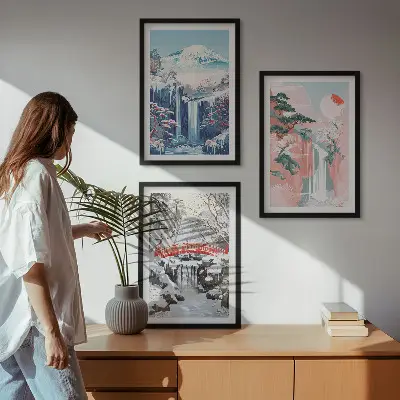 Mountain landscape wall art set featuring waterfalls