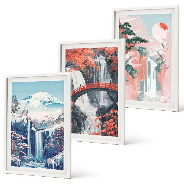 Three-piece waterfall, mountain, bridge, and tree wall art set scenic landscape wall art in three pieces
