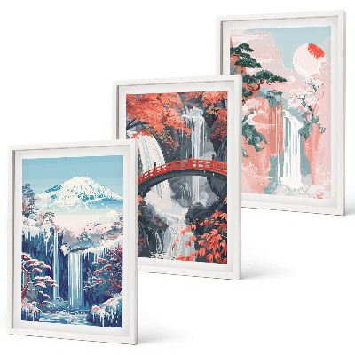 Three-piece wall art piece Waterfalls mountains bridge trees