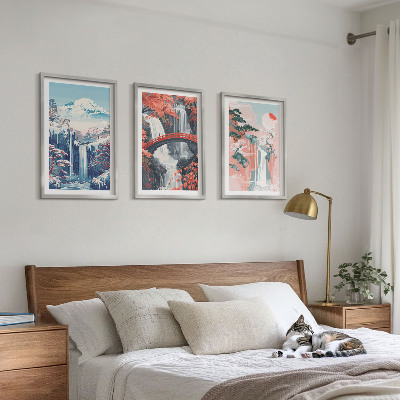 Three-piece wall art piece Waterfalls mountains bridge trees