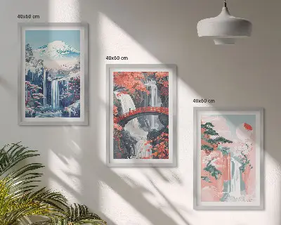 Three-piece waterfall, mountain, bridge, and tree wall art set scenic landscape wall art in three pieces