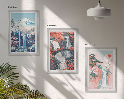 Three-piece wall art piece Waterfalls mountains bridge trees