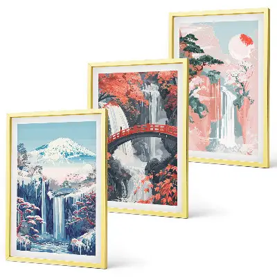 Three-piece waterfall, mountain, bridge, and tree wall art set scenic landscape wall art in three pieces