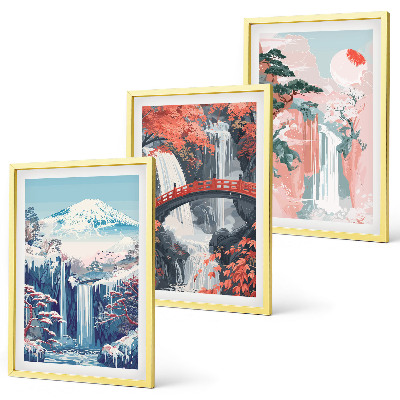 Three-piece wall art piece Waterfalls mountains bridge trees