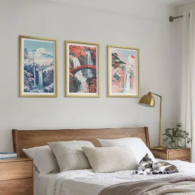 Three-piece waterfall, mountain, bridge, and tree wall art set scenic landscape wall art in three pieces