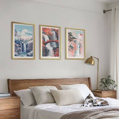 Three-piece wall art piece Waterfalls mountains bridge trees
