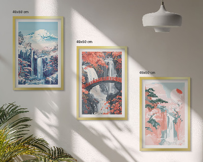 Three-piece wall art piece Waterfalls mountains bridge trees
