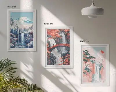 Three-piece waterfall, mountain, bridge, and tree wall art set scenic landscape wall art in three pieces