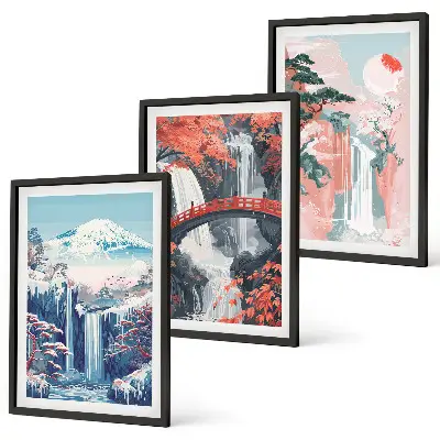 Three-piece waterfall, mountain, bridge, and tree wall art set scenic landscape wall art in three pieces