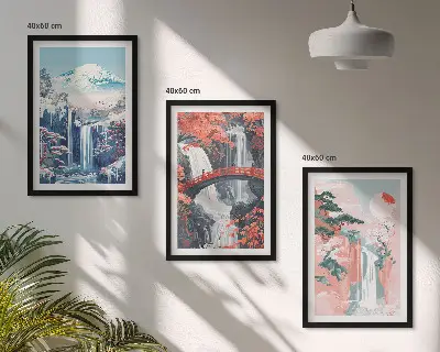 Three-piece waterfall, mountain, bridge, and tree wall art set scenic landscape wall art in three pieces