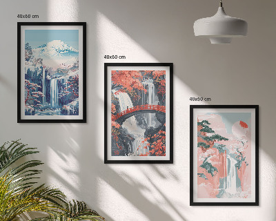 Three-piece wall art piece Waterfalls mountains bridge trees