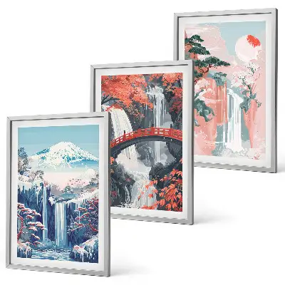 Three-piece waterfall, mountain, bridge, and tree wall art set scenic landscape wall art in three pieces