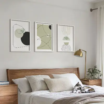 Set of 3 framed wall art pieces abstract shapes and colors