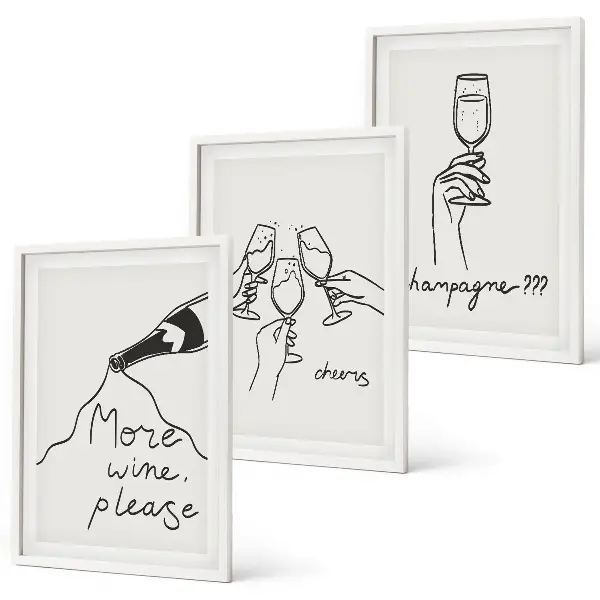 Champagne Wine Line Art Wall Decor set of 3 framed pieces