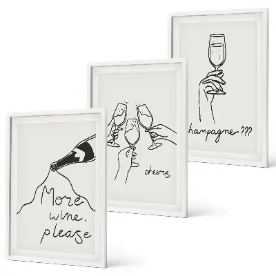 Champagne Wine Line Art Wall Decor set of 3 framed pieces